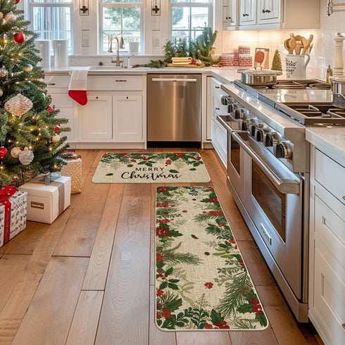 Artoid Mode Leaves Holly Merry Christmas Kitchen Mats - Set of 2 Low-Profile Winter Decor Rugs for Floor