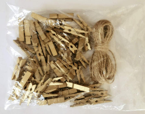 DurReus Small Wooden Clips, Cute 1.5 Inch Clothespin Photo Paper DIY Craft Holder with Jute Twine, Gold Pack of 50