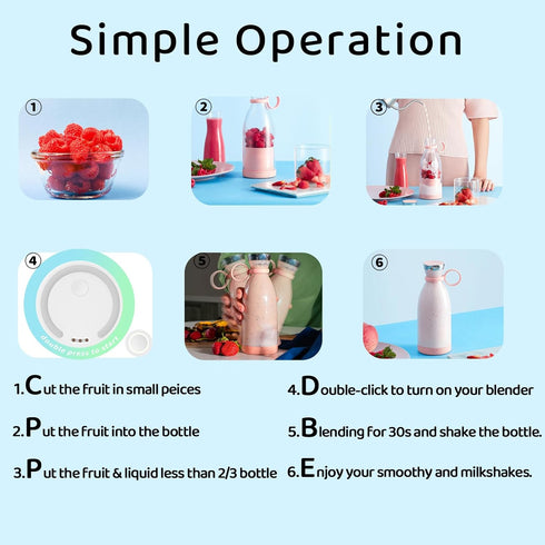 Mini Blender for Smoothies and Milkshakes, Portable Rechargeable Personal Size Blender, 11 oz with 4 Blades (White)