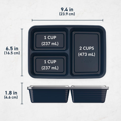 Bentgo 20-Piece Reusable BPA-Free 3-Compartment Containers, Lightweight, Microwave, Freezer, Dishwasher Safe - Navy Blue