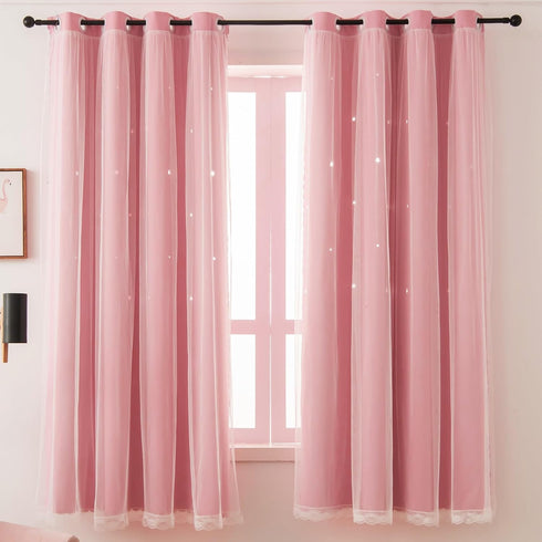 84 Inches 2 Pink Blackout Curtains for Girls Bedroom Cute- Aesthetic Star Cutout Double Layer with Sheer Overlay, Long