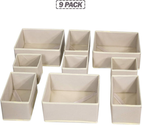 DIOMMELL 9 Pack Foldable Cloth Storage Box - Closet Organizer for Baby Clothes, Underwear, Bras, Socks, Beige
