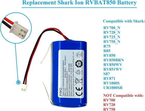 FIVO 3200mAh Replacement RVBAT850 Battery for Shark R75, R85, RV850, RV751, RV761, RV851WV, RV871, 14.4V/14.8V