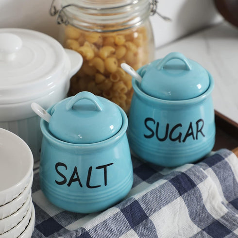 '-12 oz Set, Counter, Salt and Sugar Bowls with Lid and Spoon Ceramic Salt and Sugar Cellar Salt and Sugar Containers