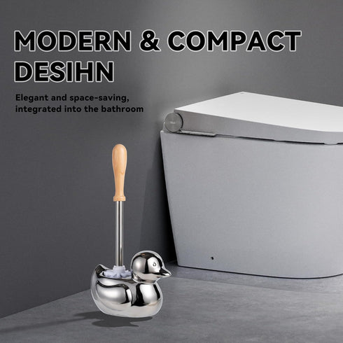 Set 7.5" Toilet Brush Holder - Ceramic Silver Toilet Scrubber Brush with Duck Base, Bathroom Cleaning Brush, Cute