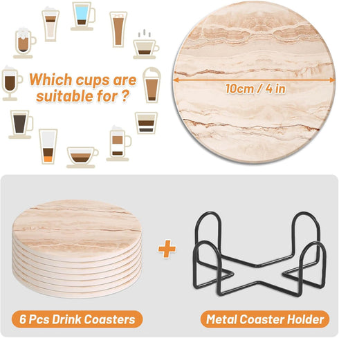 Acejoz Set 6, 4 Inches Drink Coasters of Absorbent Coaster for Coffee Table Decor, Marble Style Ceramic Coaster