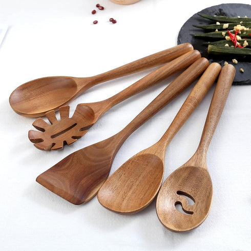 Kitchen Wooden Cooking Spoon Set, 2 Pieces - Solid Acacia Wood Serving Spoons for Mixing, Stirring, Nonstick Utensils