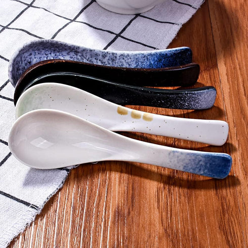 Japanese Soup Spoons Set of 5, Porcelain Ramen Spoons for Wonton, Dishwasher Safe