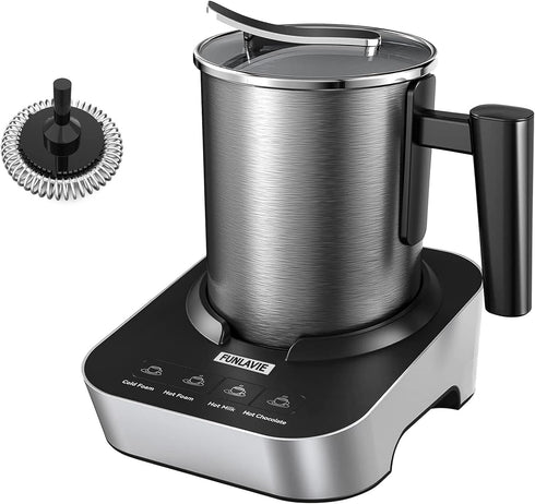 FUNLAVIE 4-in-1 Electric Milk Frother and Steamer, 400ml(13.5oz) Stainless Steel Pitcher with Auto