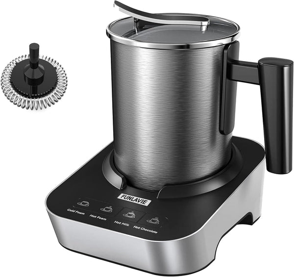 FUNLAVIE 4-in-1 Electric Milk Frother and Steamer, 400ml(13.5oz) Stainless Steel Pitcher with Auto