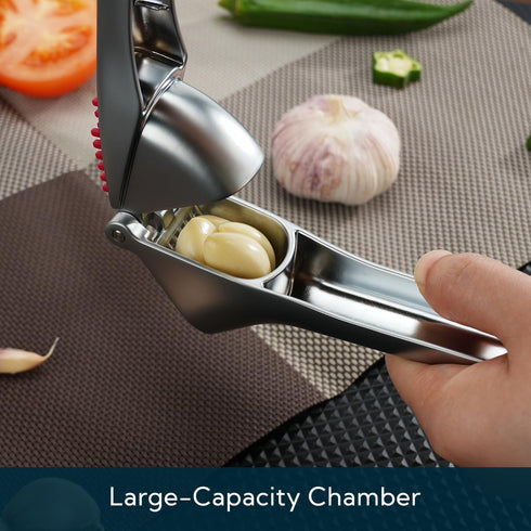 KITCHENDAO Heavy-Duty Garlic Press with Built-in Scraper & Cleaning Pusher, No Peeling Garlic Crusher with Large