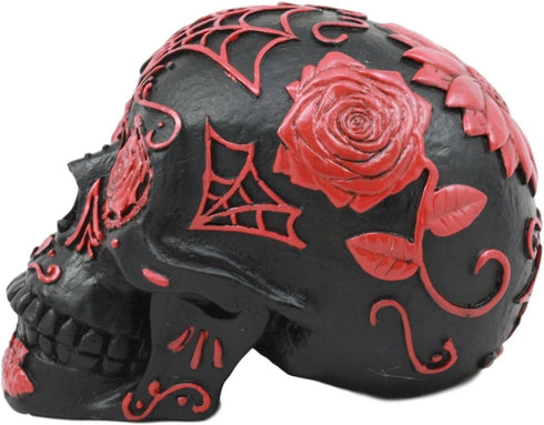 Ebros Day of The Dead Spider Web Floral Red Rose Skull Figurine - DOD Floral Black Sugar Skull Statue 5" L