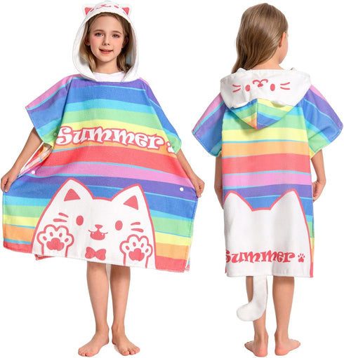 OLAOLA Striped Cat Hooded Kids Beach Towels for 3-12 Years Boys Girls,