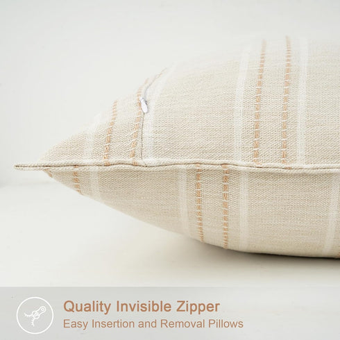 18X18 Set 2 Decorative Farmhouse Linen Throw Pillow Covers, Boho Textured Pillow Case of ,Beige with White & Brown