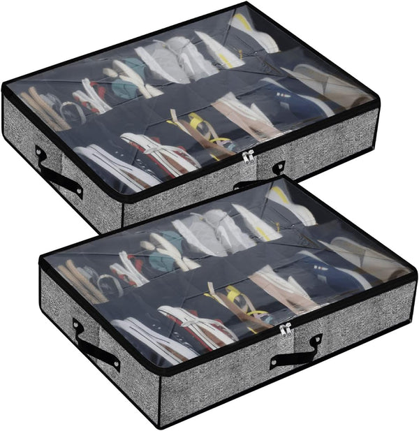 Under Bed Shoe Storage Organizer, Set of 2 for 24 Pairs, Clear Cover and Reinforced Handles with Strong Zipper