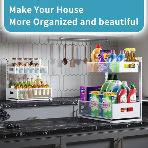 Adjustable Height Under Sink Organizer, 2 Tier Bathroom Storage, Pull Out Cabinet Organizer, White, XL - 1 Pack