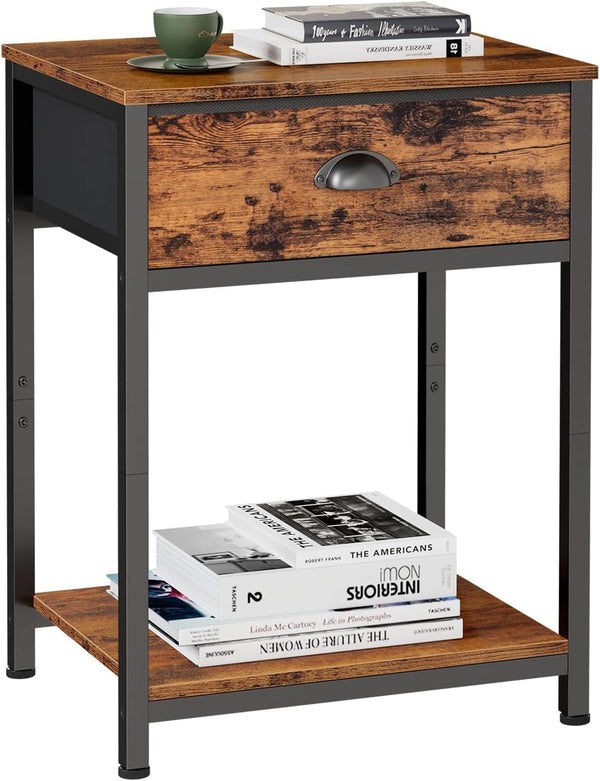 Furologee End Table with Storage Shelf and Fabric Drawer, 2 Tiers Industrial