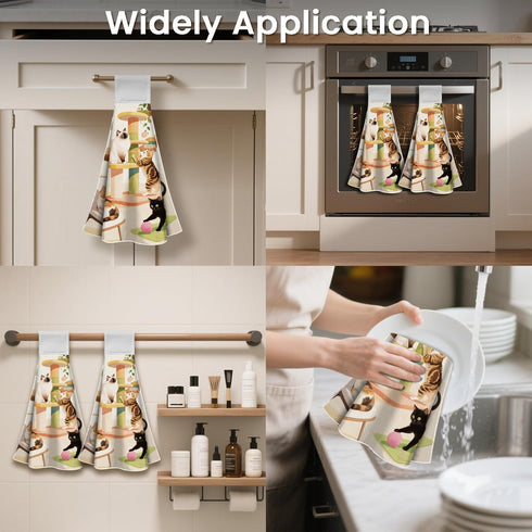 Set 2 CUTHOLLOW Cat Play and Flowers Hanging Kitchen Towels with Loop, of - Soft & Super Absorbent Microfiber