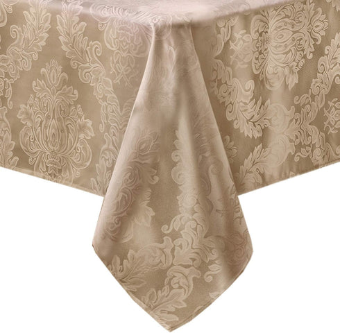 Newbridge Barcelona Luxury Tablecloth, 52” x 70” Rectangle, Golden Beige Damask Fabric, 100% Polyester, No Iron, Soil