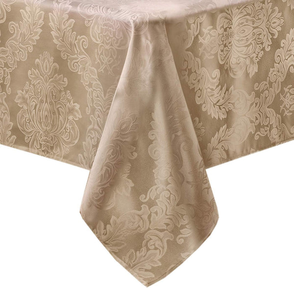 Newbridge Barcelona Luxury Tablecloth, 52” x 70” Rectangle, Golden Beige Damask Fabric, 100% Polyester, No Iron, Soil