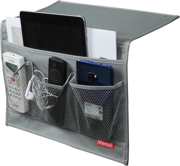 Bedside Storage Organizer with Pockets, Caddy for TV Remote Control, Phones, Magazines, Tablets, Grey