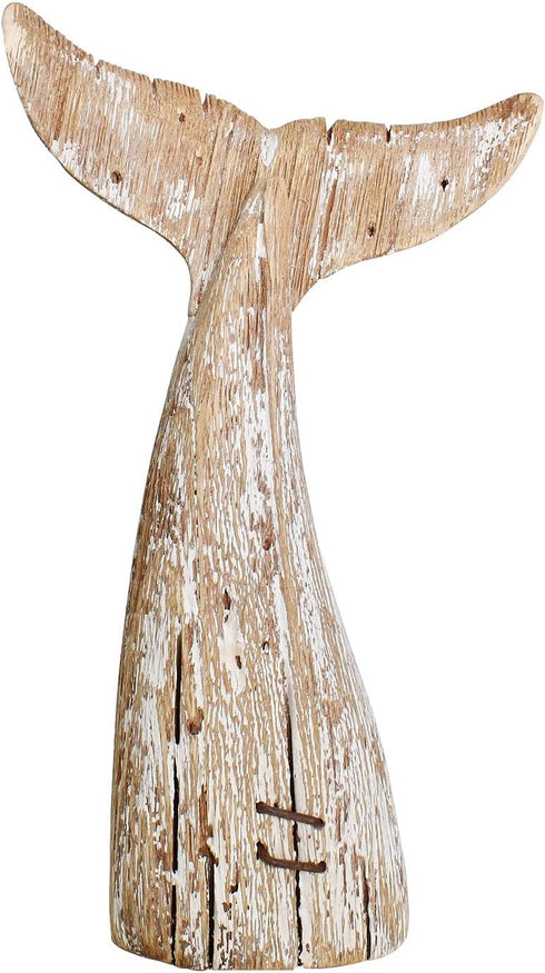 Nautical Home Decor - Wood Whale Tail Tabletop Statue, Decorative Rustic Sculpture for Ocean Beach Bathroom Shelf (8.5"