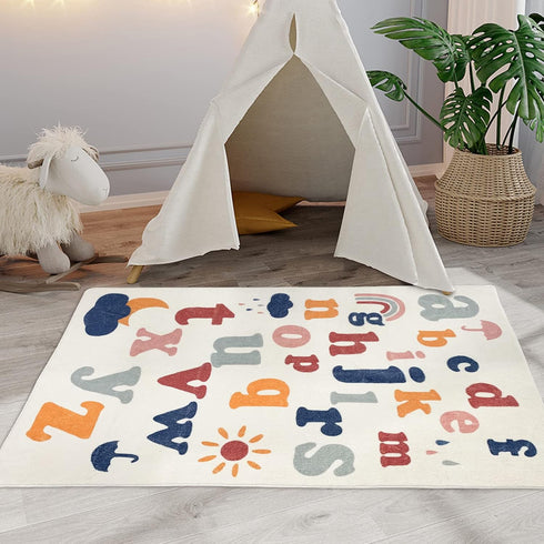 3.3'x5' ABREEZE Kids Play Mat,Fluffy Faux Wool Kids Rug Non-Slip Childrens Carpet ABC Number Educational Learning