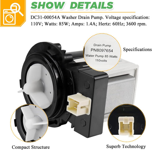 DC31-00054A 62902090 Washer Drain Pump by Techecook (85 Watts 110 Volts) - Replacement for Samsung Kenmore Washing Machine - Replaces DC31-00016A AP4202690 PS4204638-2 YEARS WARRANTY by Techecook