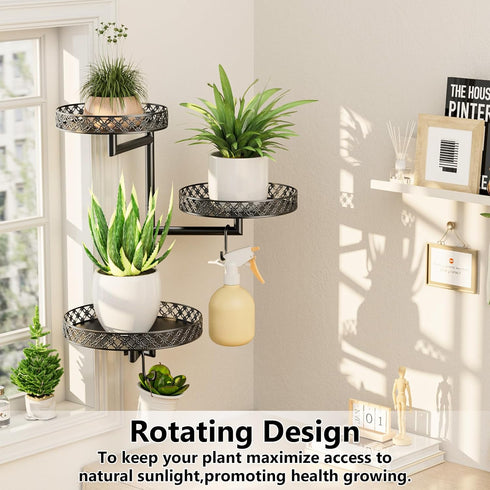 3-Tier OVICAR Rotating Window Plant Shelves - Indoor Wall Plant Stand Floral Metal Window Shelf Holder for Multiple