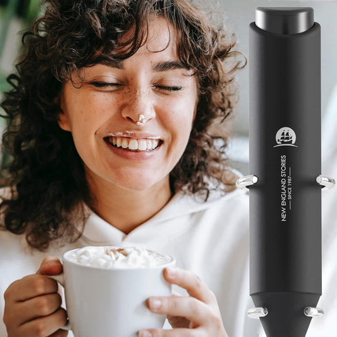 Powerful Handheld Milk Frother, Mini Whisk Drink Mixer for Coffee, Cappuccino, Latte, with Stand (Black)