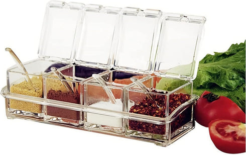 KNC Transparent Spice Rack, 4 Piece Acrylic Storage Container Jars with Cover and Spoon, Kitchen Organizer