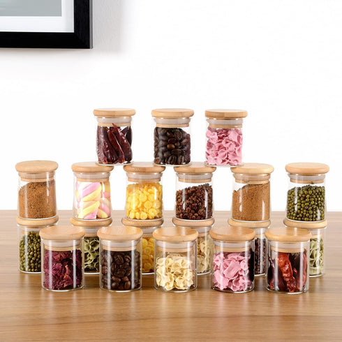 20 2.5oz Pcs Glass Spice Jars with Airtight Bamboo Lids, Labels and Pen, Mini Clear Food Storage Containers for the