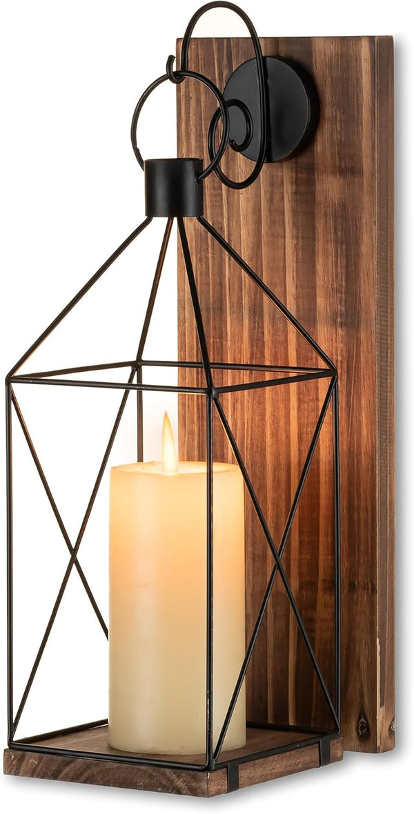 Candle Sconces Wall Decor: Farmhouse Wood Candle Holder Indoor Black Metal Lantern