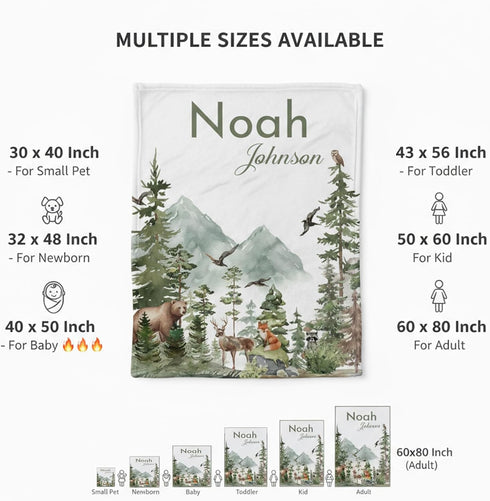 Personalized Woodland Baby Blanket with Name, Custom Name Blanket for Boy, Printed in USA, Super Soft Blankets
