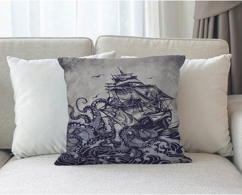 Kraken Pillow Cover Vintage Sail Boat Ocean Waves Octopus Throw Pillow Case - 18 x 18 Inch Home Textile Cotton Linen
