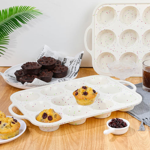 CAKETIME 2 Pack Silicone Muffin Pan, 12 Cups Nonstick with Metal Reinforced Frame and Handle for Baking