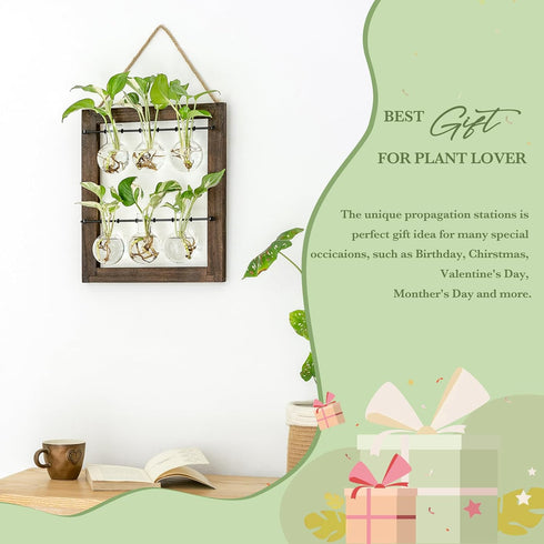 Bulb Mkono Propagation Station Wall Hanging Glass Planter, Flower Vase Plant Terrarium with Retro Wooden Stand Double