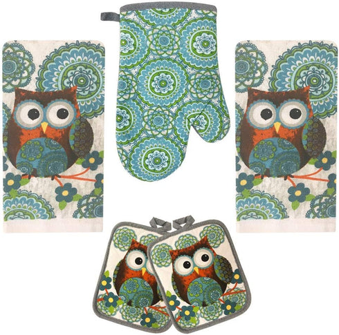 Lobyn Value Packs Kitchen Towel 5 Piece Linen Set - 2 Towels, 2 Pot Holders, 1 Oven Mitt (Owl)