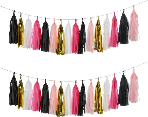 Mefuny 25PCS Hot Pink Gold Black White Party Tissue Tassels for Bridal Baby Shower, Bachelorette Birthday Supplies