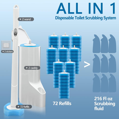 Disposable Toilet Bowl Brush and Holder, Toilet Cleaning System with 2 Toilet Bowl Wands, 2 Storage Caddy & 72 Refills