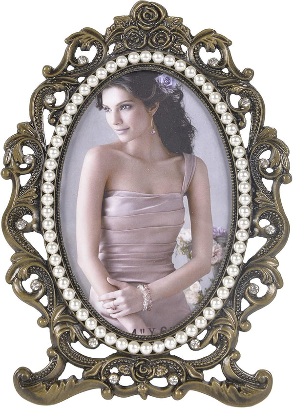 ChezMax Vintage Picture Photo Frames, 3x5 Ellipse Rose Antique Frame with Glass, Tabletop and Wall Hanging