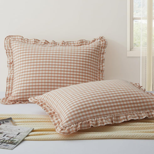 KKJIAF 2 Pcs Plaid Ruffle Pillow Case Queen Size, Cotton Gingham Ruffled