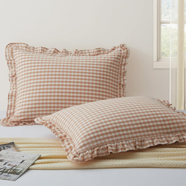 KKJIAF 2 Pcs Plaid Ruffle Pillow Case Queen Size, Cotton Gingham Ruffled