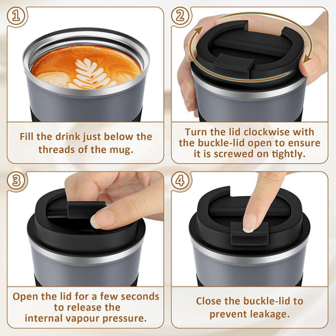 KETIEE Travel Coffee Mug, Spill Proof 12oz Insulated Reusable Coffee Cup with Seal Lid for Hot/Ice Drinks (Grey)
