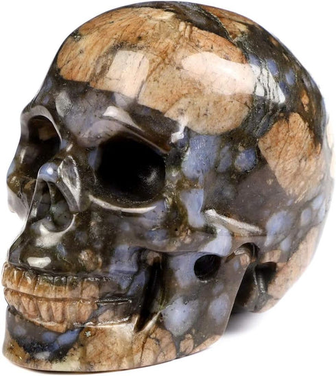 Skullis 2.0” Que Sera Stone Crystal Skull, Hand Carved Gemstone Fine Art Sculpture for Reiki Healing