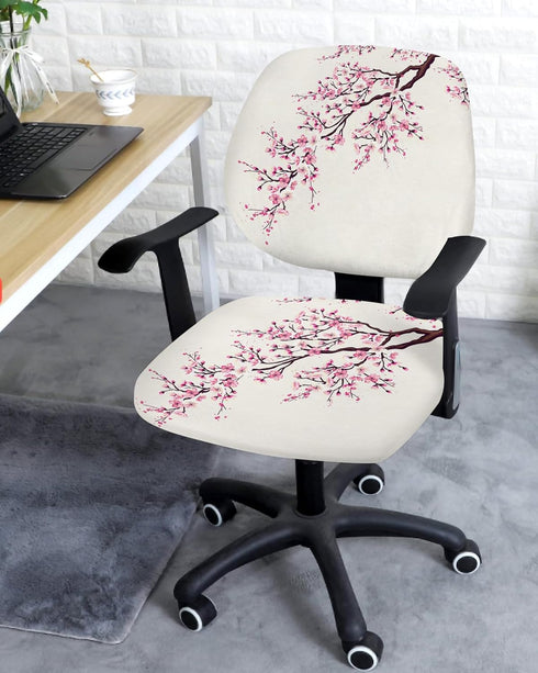 Cherry Blossoms Office Chair Cover Stretchable Computer Chair Seat Cover Backrest Slipcovers, Pink Spring Floral Rustic Burlap Stretchable Rotating Desk Chair Seat Cushion Split Protectors by AMZRicher