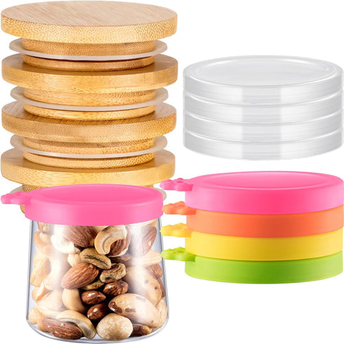 Mumufy 12 Pcs Yogurt Jar Lids Clear Plastic Silicone and Bamboo Wood