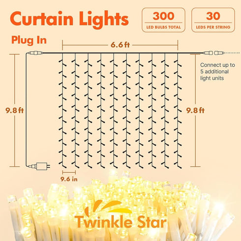 300 8 Twinkle Star LED Curtain String Lights, Modes Plug in Fairy Lights for Bedroom,Wedding,Party,Birthday, Hanging