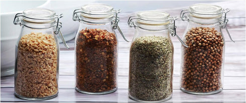 Circleware Clear Mini Round Glass Spice Jar with Swing Top Hermetic Airtight Locking Lid, Set of 4 for Kitchen Food