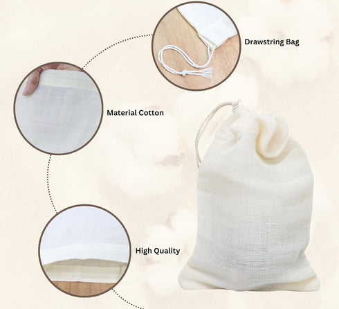 Set 2-4x6 Inch PurpleEssences Ultra-Dense Unbleached Cotton Nut Milk & Filter Bags Reusable Cheesecloth Drawstring